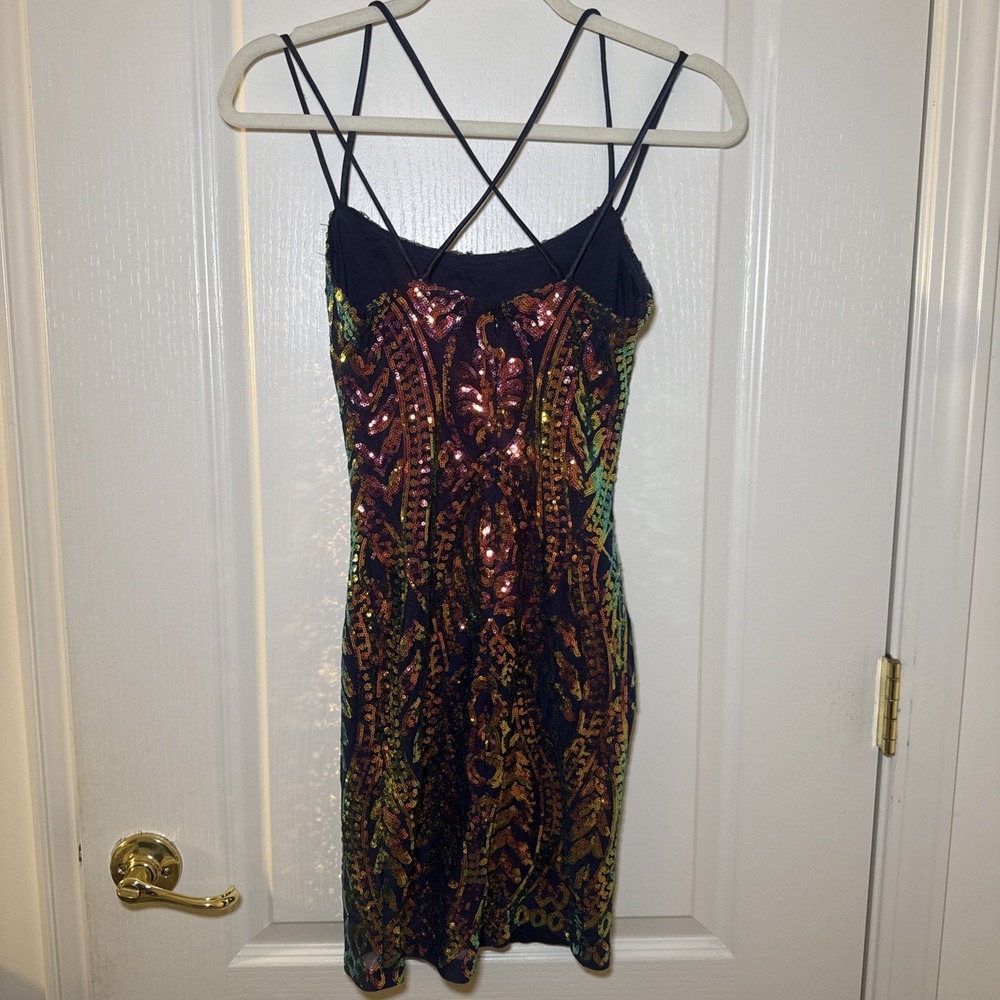 Blondie Nites Sequin Bodycon Mini Dress Jr Size 1 Gold Orange Navy Party - Picture 2 of 7